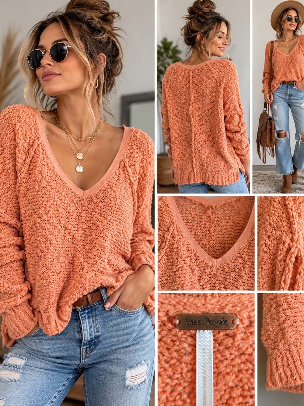 Free People Women's Orange V-Neck Popcorn Knit Sweater